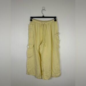 FLAX Linen Wide Leg Cargo Pocket Yellow Cropped Pull-On Pants Women’s Sz S